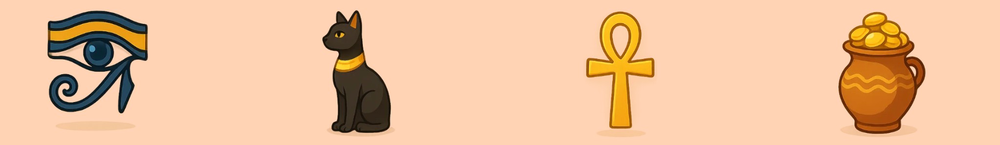 Egyptian symbols — Eye of Horus, Bastet, Ankh, treasure